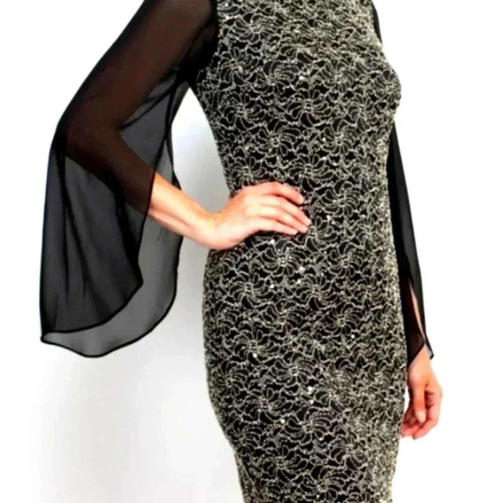 Vintage Lace classy black Gold Stitching cocktail dress Sleeve Detail